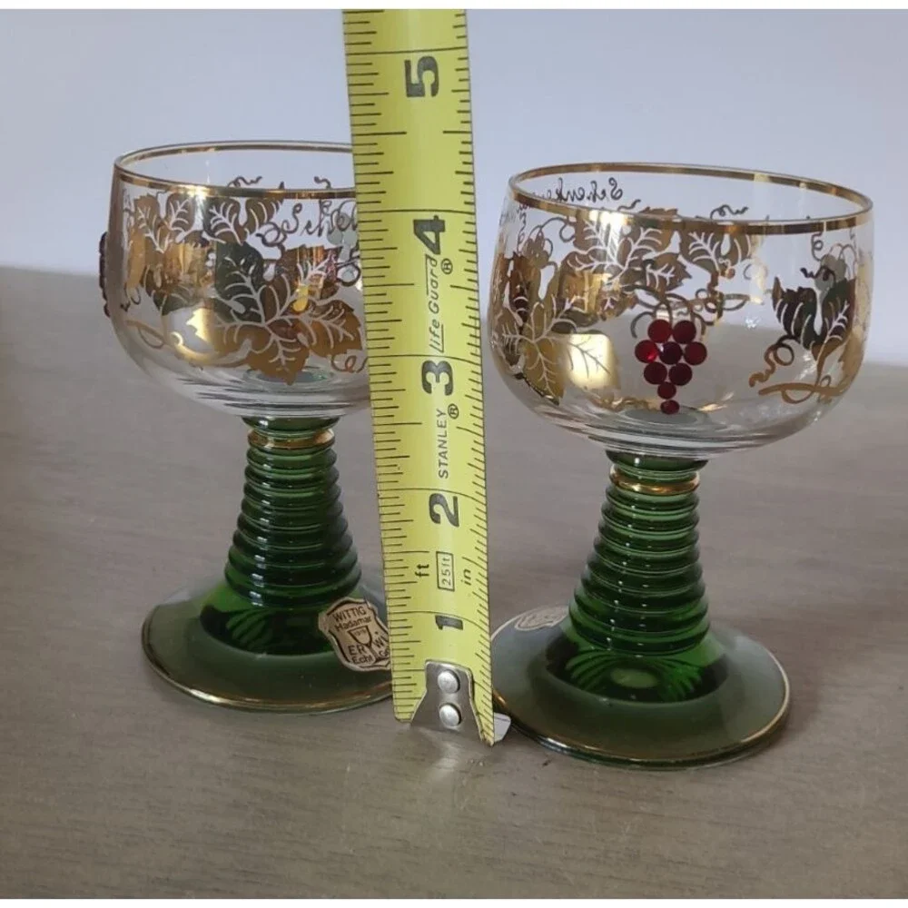 Set 2 Wittig Romer German Green Beehive Stem Gold Grapevine Cordial Glasses 4”